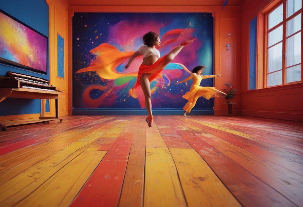 A dynamic scene featuring dancers tapping their feet on colorful wooden floors, surrounded by vibrant sound waves and musical notes floating in the air. In the background, a game screen displays rhythmic patterns with playful characters in motion, emphasizing creativity and energy. The atmosphere is filled with bright, lively colors that evoke the spirit of music and rhythm. surrealistic. vibrant colors. 3D.