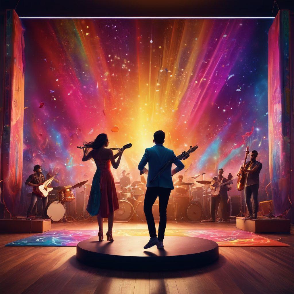 A colorful and dynamic scene featuring a vibrant stage with animated musical notes floating around. In the foreground, diverse people engaging in rhythm games, tapping to catchy beats, with vivid lights illuminating their joyful expressions. Background filled with musical instruments and abstract patterns symbolizing creativity and rhythm. Energetic and inviting atmosphere that encapsulates the essence of music and gaming. super-realistic. vibrant colors. 3D.