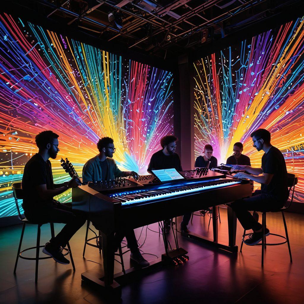 A vibrant, lively scene featuring diverse musicians using innovative technology to create interactive soundscapes. Include colorful instruments like drums, synthesizers, and a backdrop of abstract sound waves radiating from the performers, captivating an engaged audience. The atmosphere should convey energy and creativity, with a focus on musical expression through visual elements. digital art. vibrant colors. energetic vibe.